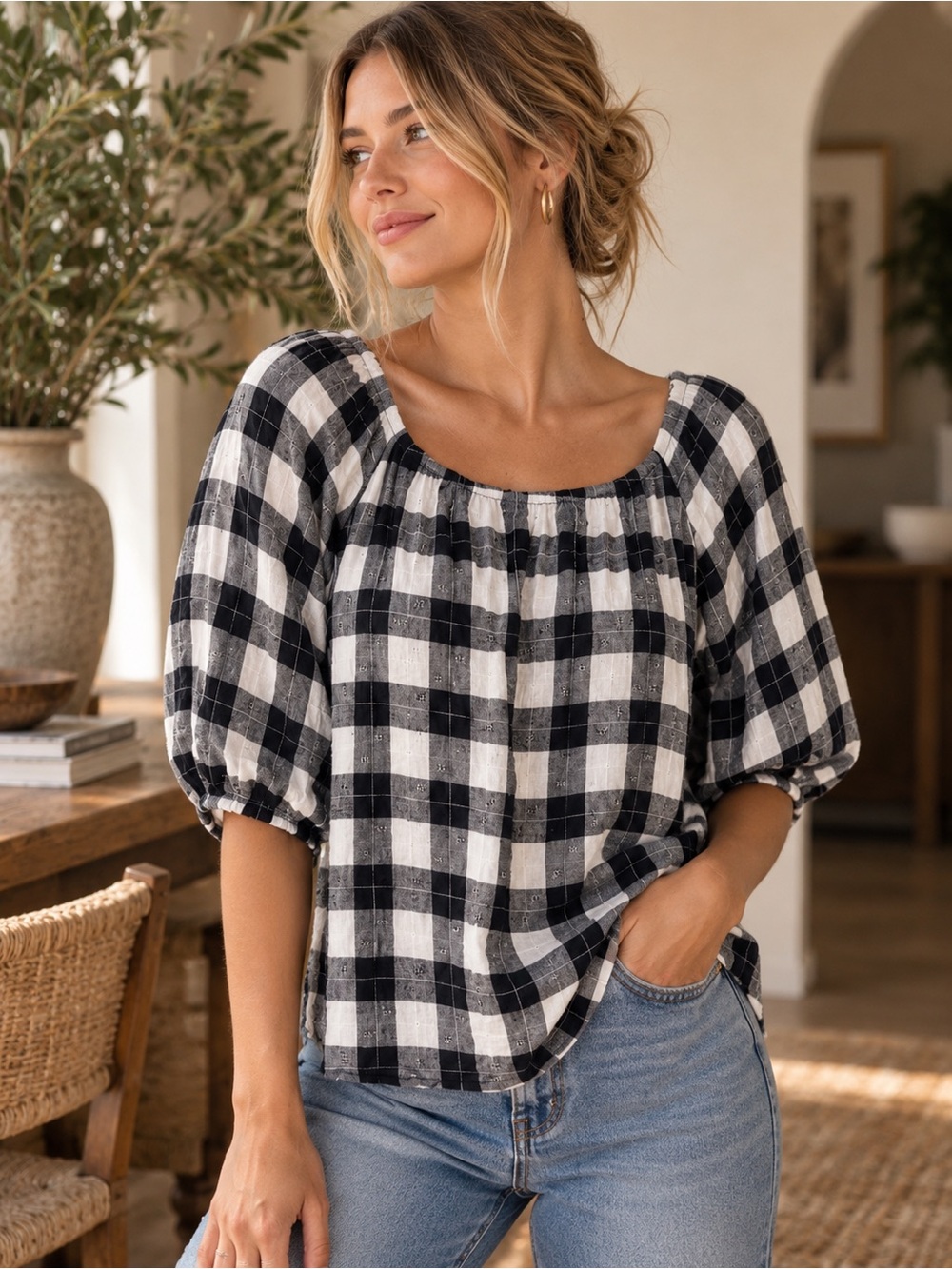 Universal Thread Black Gingham Puff Sleeve Peasant Blouse M NWT Cotton